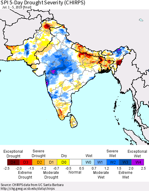 Southern Asia SPI 5-Day Drought Severity (CHIRPS) Thematic Map For 7/1/2019 - 7/5/2019