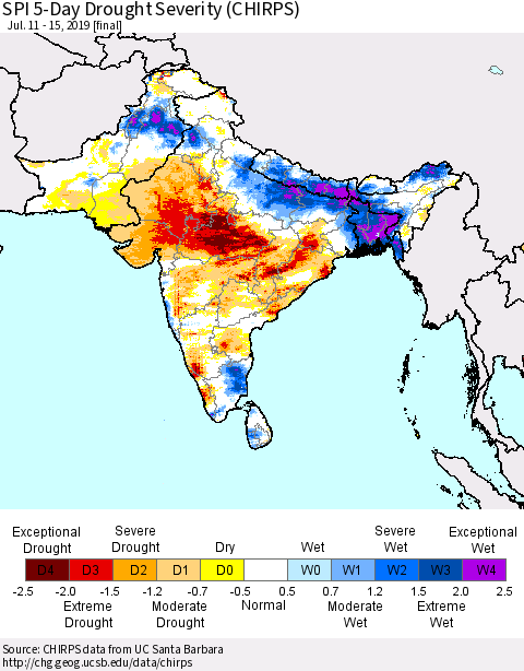 Southern Asia SPI 5-Day Drought Severity (CHIRPS) Thematic Map For 7/11/2019 - 7/15/2019