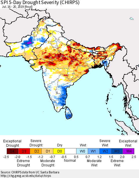 Southern Asia SPI 5-Day Drought Severity (CHIRPS) Thematic Map For 7/16/2019 - 7/20/2019