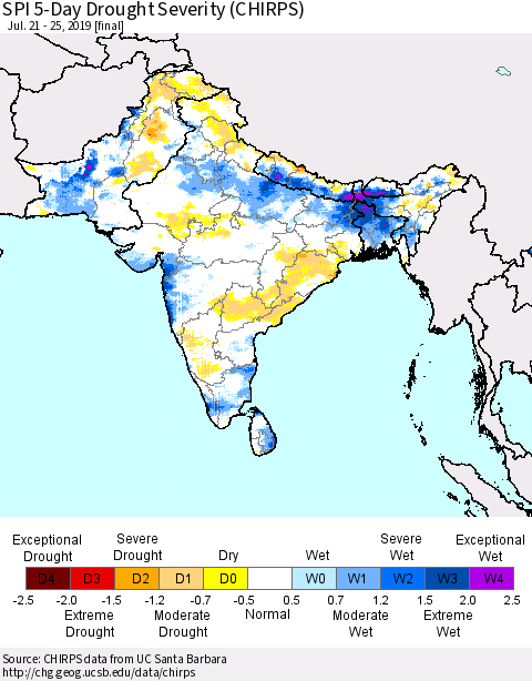 Southern Asia SPI 5-Day Drought Severity (CHIRPS) Thematic Map For 7/21/2019 - 7/25/2019