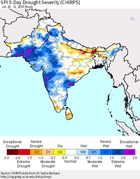 Southern Asia SPI 5-Day Drought Severity (CHIRPS) Thematic Map For 7/26/2019 - 7/31/2019