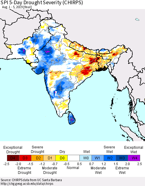 Southern Asia SPI 5-Day Drought Severity (CHIRPS) Thematic Map For 8/1/2019 - 8/5/2019