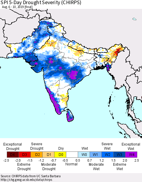 Southern Asia SPI 5-Day Drought Severity (CHIRPS) Thematic Map For 8/6/2019 - 8/10/2019