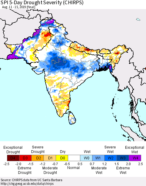 Southern Asia SPI 5-Day Drought Severity (CHIRPS) Thematic Map For 8/11/2019 - 8/15/2019