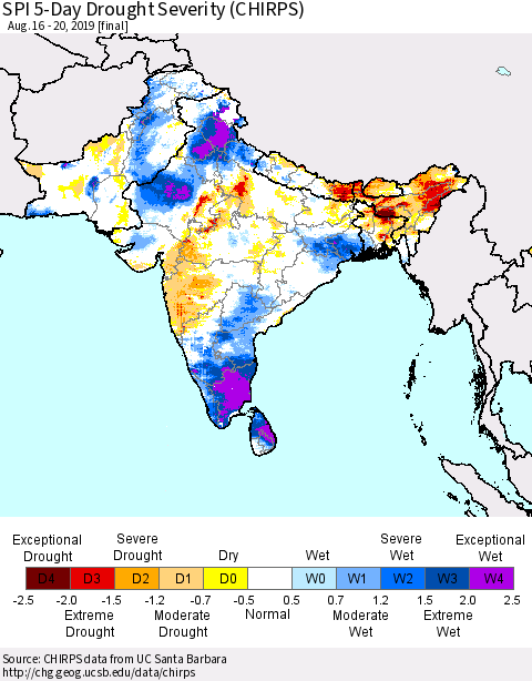 Southern Asia SPI 5-Day Drought Severity (CHIRPS) Thematic Map For 8/16/2019 - 8/20/2019