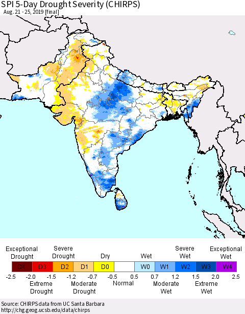 Southern Asia SPI 5-Day Drought Severity (CHIRPS) Thematic Map For 8/21/2019 - 8/25/2019