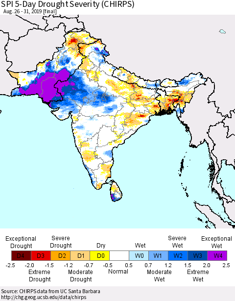 Southern Asia SPI 5-Day Drought Severity (CHIRPS) Thematic Map For 8/26/2019 - 8/31/2019