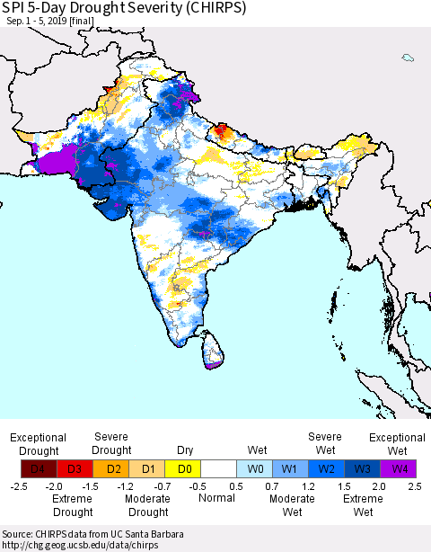 Southern Asia SPI 5-Day Drought Severity (CHIRPS) Thematic Map For 9/1/2019 - 9/5/2019