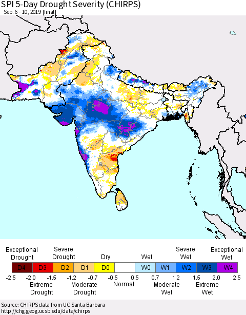 Southern Asia SPI 5-Day Drought Severity (CHIRPS) Thematic Map For 9/6/2019 - 9/10/2019
