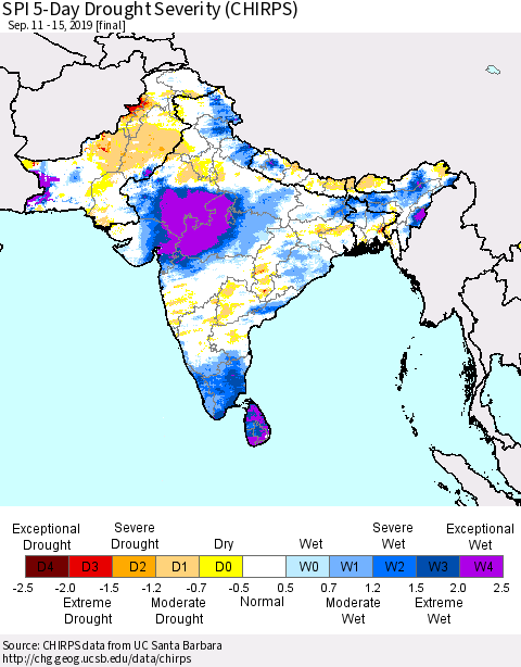 Southern Asia SPI 5-Day Drought Severity (CHIRPS) Thematic Map For 9/11/2019 - 9/15/2019