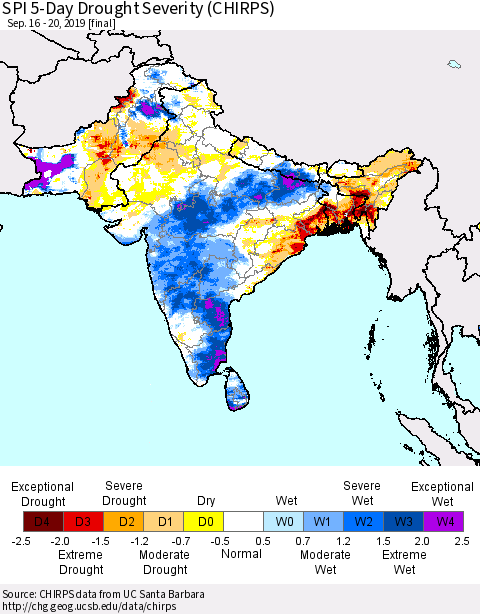 Southern Asia SPI 5-Day Drought Severity (CHIRPS) Thematic Map For 9/16/2019 - 9/20/2019