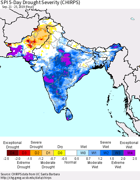 Southern Asia SPI 5-Day Drought Severity (CHIRPS) Thematic Map For 9/21/2019 - 9/25/2019