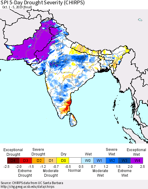 Southern Asia SPI 5-Day Drought Severity (CHIRPS) Thematic Map For 10/1/2019 - 10/5/2019