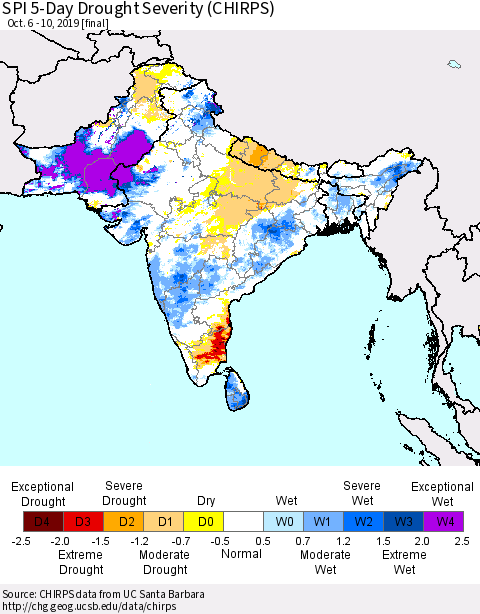 Southern Asia SPI 5-Day Drought Severity (CHIRPS) Thematic Map For 10/6/2019 - 10/10/2019