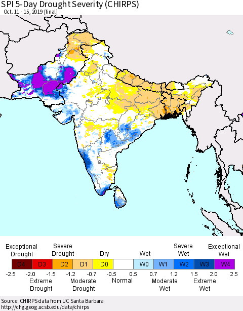 Southern Asia SPI 5-Day Drought Severity (CHIRPS) Thematic Map For 10/11/2019 - 10/15/2019