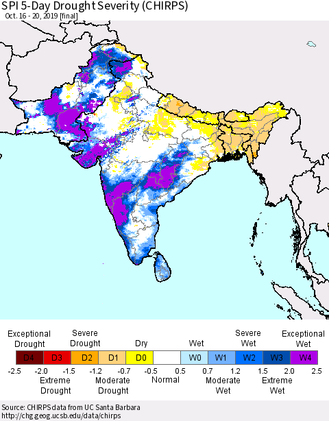 Southern Asia SPI 5-Day Drought Severity (CHIRPS) Thematic Map For 10/16/2019 - 10/20/2019