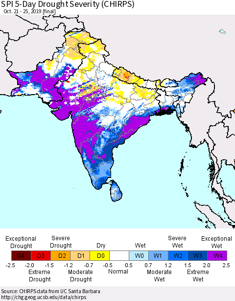 Southern Asia SPI 5-Day Drought Severity (CHIRPS) Thematic Map For 10/21/2019 - 10/25/2019