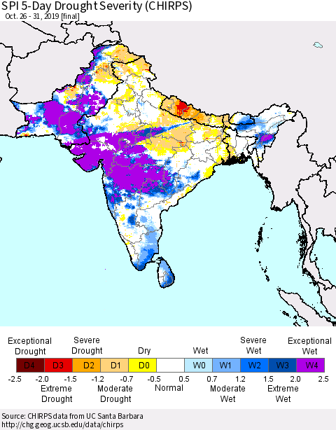 Southern Asia SPI 5-Day Drought Severity (CHIRPS) Thematic Map For 10/26/2019 - 10/31/2019