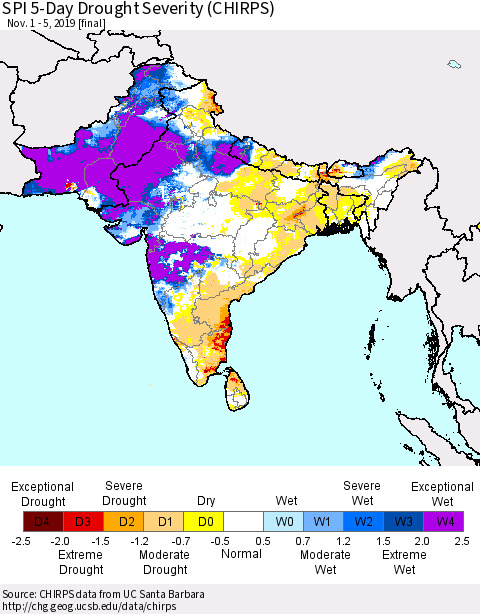 Southern Asia SPI 5-Day Drought Severity (CHIRPS) Thematic Map For 11/1/2019 - 11/5/2019