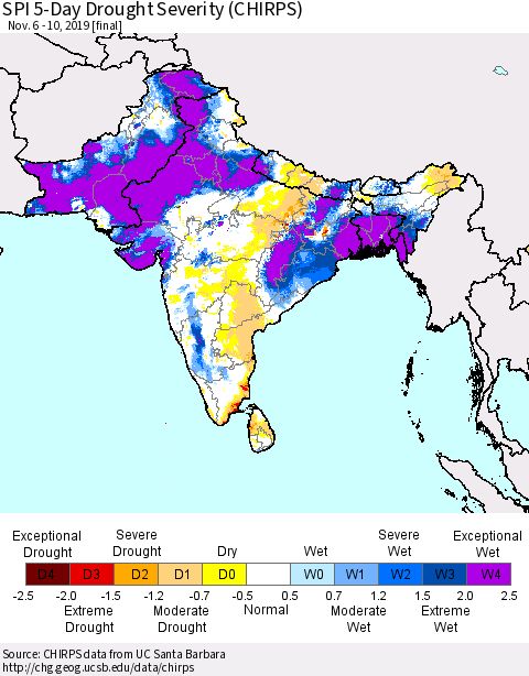 Southern Asia SPI 5-Day Drought Severity (CHIRPS) Thematic Map For 11/6/2019 - 11/10/2019