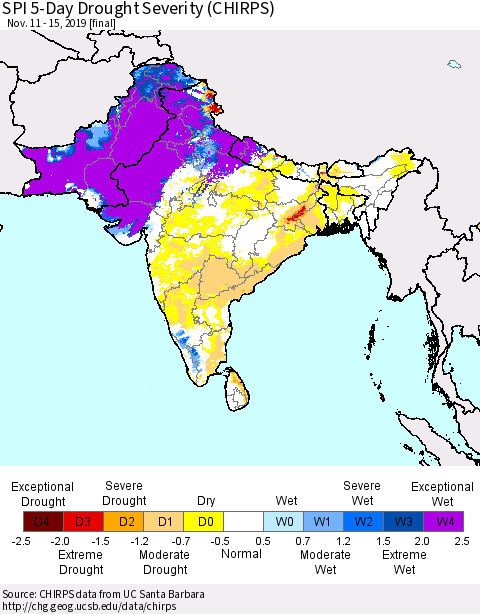 Southern Asia SPI 5-Day Drought Severity (CHIRPS) Thematic Map For 11/11/2019 - 11/15/2019