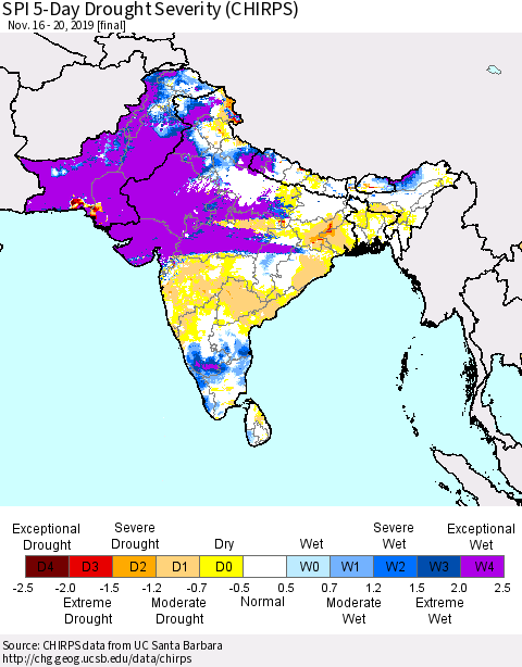 Southern Asia SPI 5-Day Drought Severity (CHIRPS) Thematic Map For 11/16/2019 - 11/20/2019