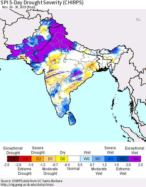 Southern Asia SPI 5-Day Drought Severity (CHIRPS) Thematic Map For 11/26/2019 - 11/30/2019