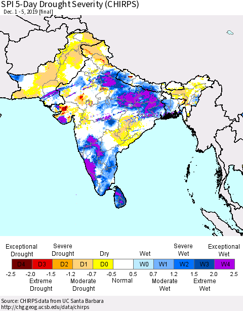 Southern Asia SPI 5-Day Drought Severity (CHIRPS) Thematic Map For 12/1/2019 - 12/5/2019