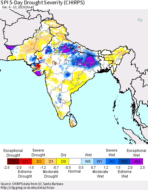 Southern Asia SPI 5-Day Drought Severity (CHIRPS) Thematic Map For 12/6/2019 - 12/10/2019