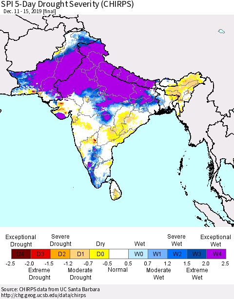 Southern Asia SPI 5-Day Drought Severity (CHIRPS) Thematic Map For 12/11/2019 - 12/15/2019