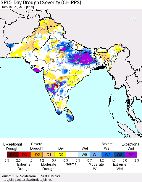 Southern Asia SPI 5-Day Drought Severity (CHIRPS) Thematic Map For 12/16/2019 - 12/20/2019
