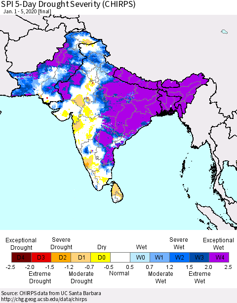 Southern Asia SPI 5-Day Drought Severity (CHIRPS) Thematic Map For 1/1/2020 - 1/5/2020