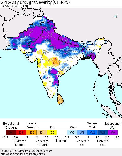 Southern Asia SPI 5-Day Drought Severity (CHIRPS) Thematic Map For 1/6/2020 - 1/10/2020