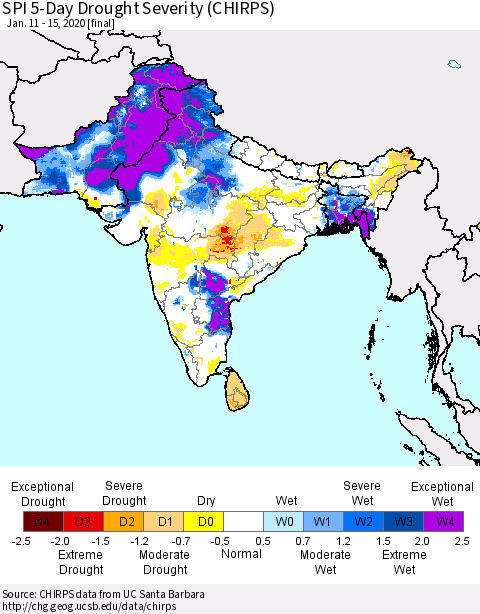 Southern Asia SPI 5-Day Drought Severity (CHIRPS) Thematic Map For 1/11/2020 - 1/15/2020