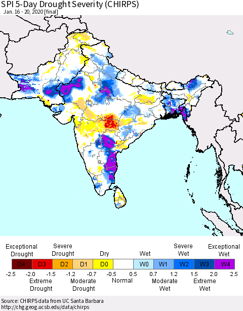 Southern Asia SPI 5-Day Drought Severity (CHIRPS) Thematic Map For 1/16/2020 - 1/20/2020