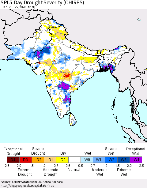 Southern Asia SPI 5-Day Drought Severity (CHIRPS) Thematic Map For 1/21/2020 - 1/25/2020