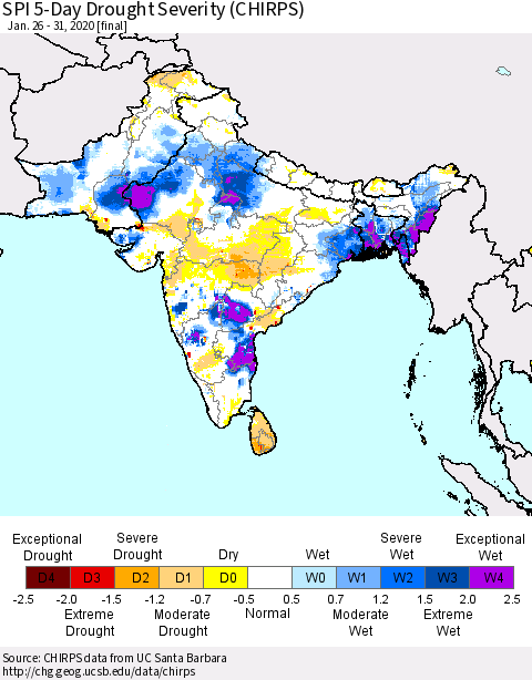 Southern Asia SPI 5-Day Drought Severity (CHIRPS) Thematic Map For 1/26/2020 - 1/31/2020
