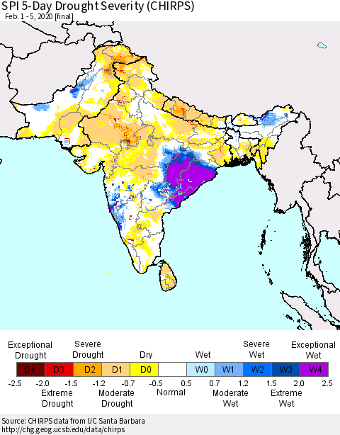 Southern Asia SPI 5-Day Drought Severity (CHIRPS) Thematic Map For 2/1/2020 - 2/5/2020