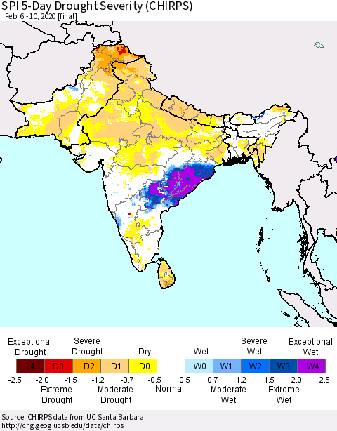 Southern Asia SPI 5-Day Drought Severity (CHIRPS) Thematic Map For 2/6/2020 - 2/10/2020