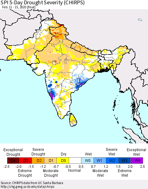 Southern Asia SPI 5-Day Drought Severity (CHIRPS) Thematic Map For 2/11/2020 - 2/15/2020