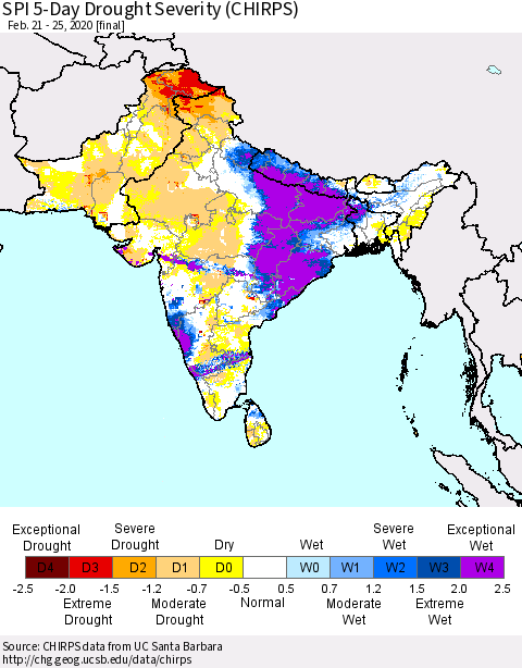 Southern Asia SPI 5-Day Drought Severity (CHIRPS) Thematic Map For 2/21/2020 - 2/25/2020