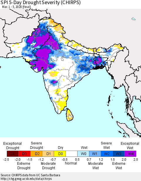 Southern Asia SPI 5-Day Drought Severity (CHIRPS) Thematic Map For 3/1/2020 - 3/5/2020