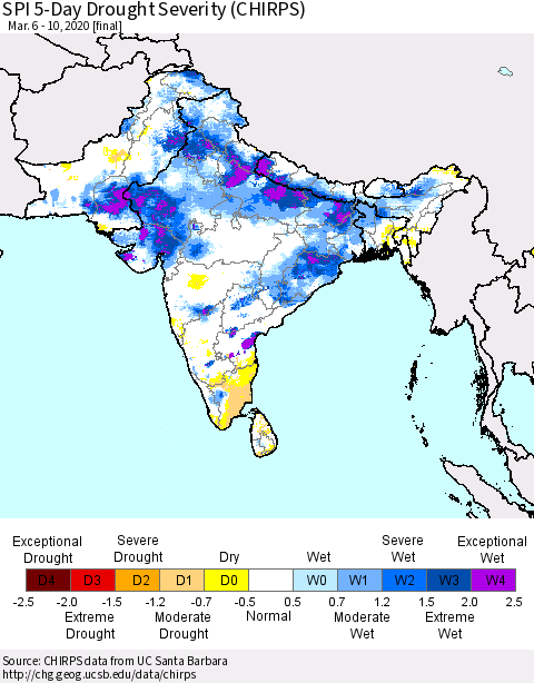 Southern Asia SPI 5-Day Drought Severity (CHIRPS) Thematic Map For 3/6/2020 - 3/10/2020