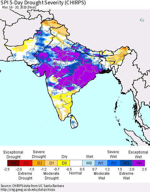 Southern Asia SPI 5-Day Drought Severity (CHIRPS) Thematic Map For 3/16/2020 - 3/20/2020