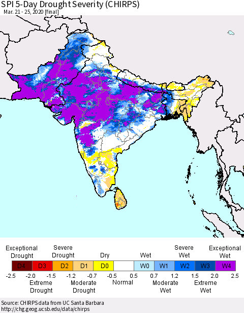 Southern Asia SPI 5-Day Drought Severity (CHIRPS) Thematic Map For 3/21/2020 - 3/25/2020