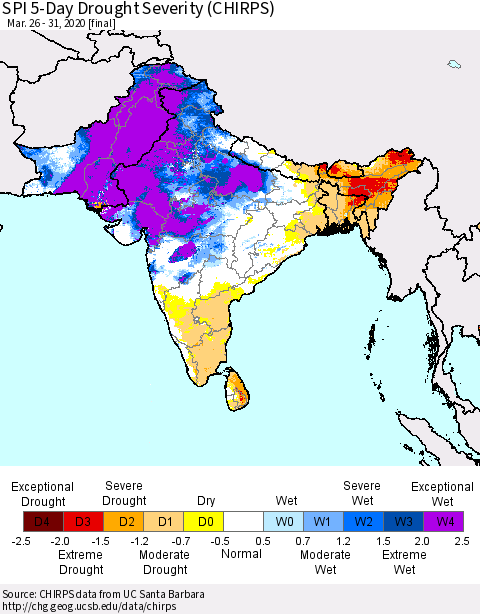 Southern Asia SPI 5-Day Drought Severity (CHIRPS) Thematic Map For 3/26/2020 - 3/31/2020