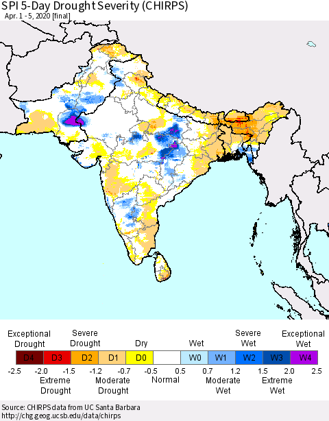Southern Asia SPI 5-Day Drought Severity (CHIRPS) Thematic Map For 4/1/2020 - 4/5/2020