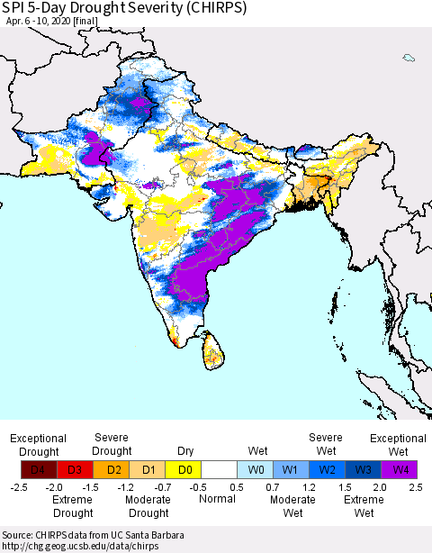 Southern Asia SPI 5-Day Drought Severity (CHIRPS) Thematic Map For 4/6/2020 - 4/10/2020