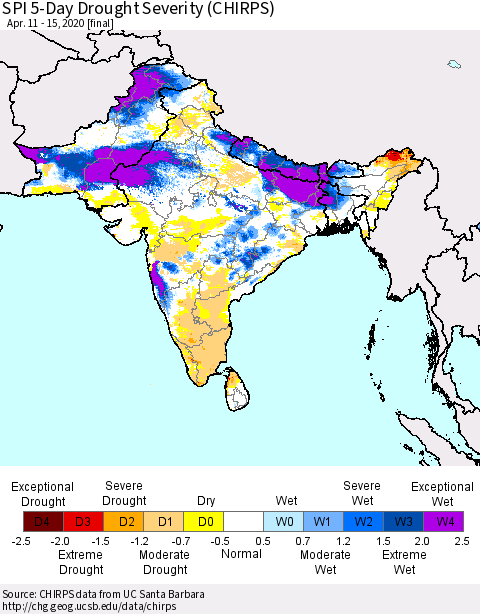 Southern Asia SPI 5-Day Drought Severity (CHIRPS) Thematic Map For 4/11/2020 - 4/15/2020