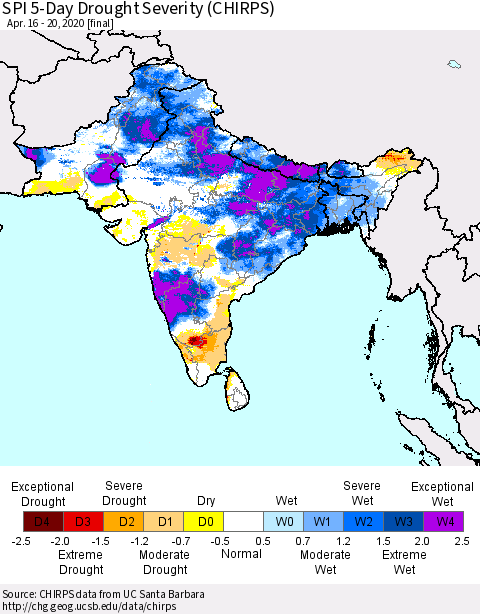 Southern Asia SPI 5-Day Drought Severity (CHIRPS) Thematic Map For 4/16/2020 - 4/20/2020